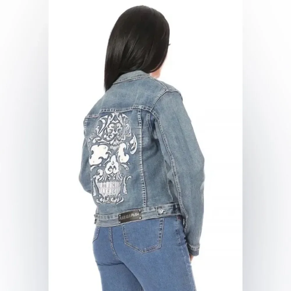 Platinum Plush Rhinestone Denim Jacket with Candy Skull Design - Picture 5 of 8